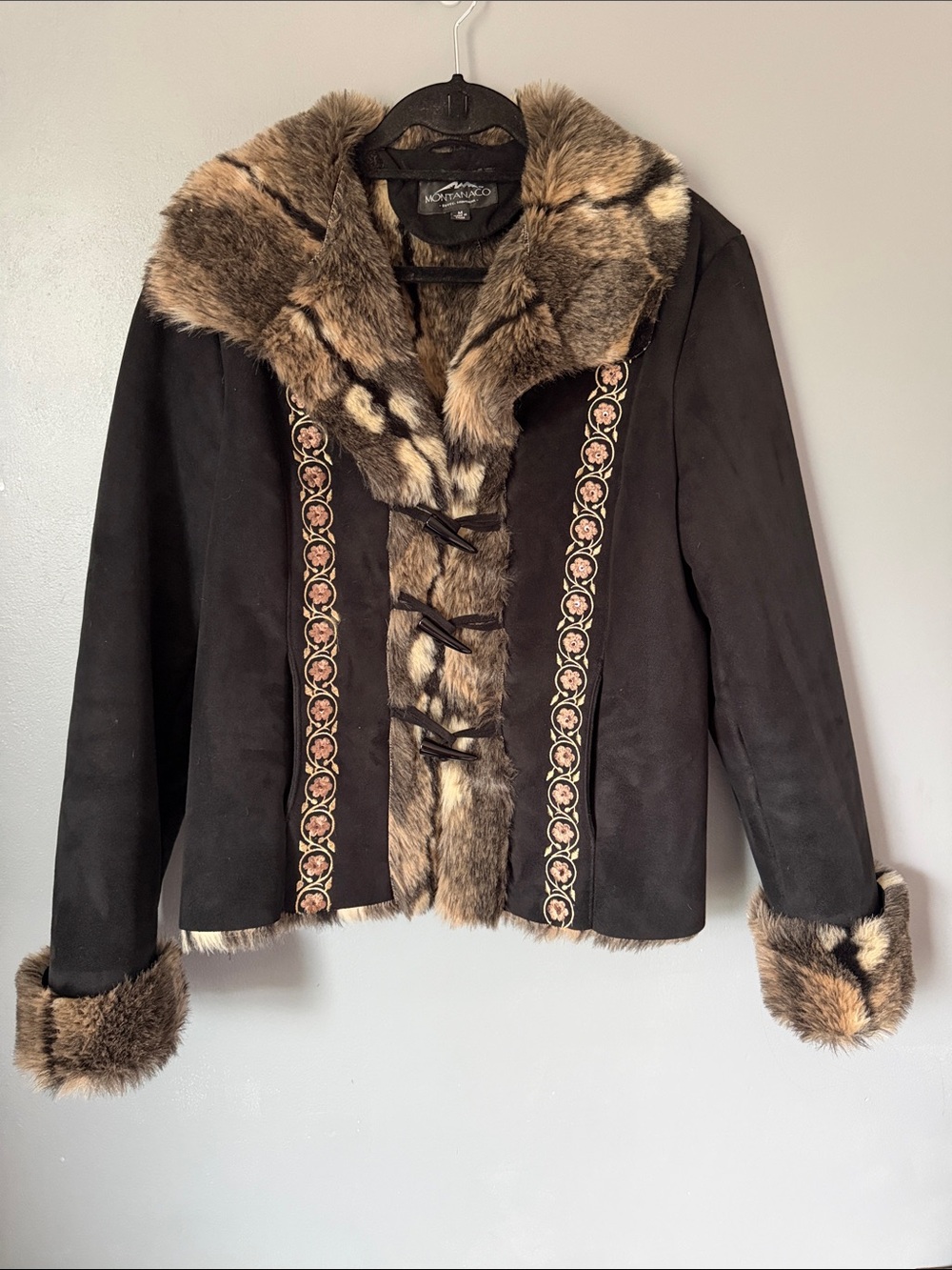 Montanaco Women’s Black Suede Jacket Brown Faux Fur Embroidered Floral Trim M